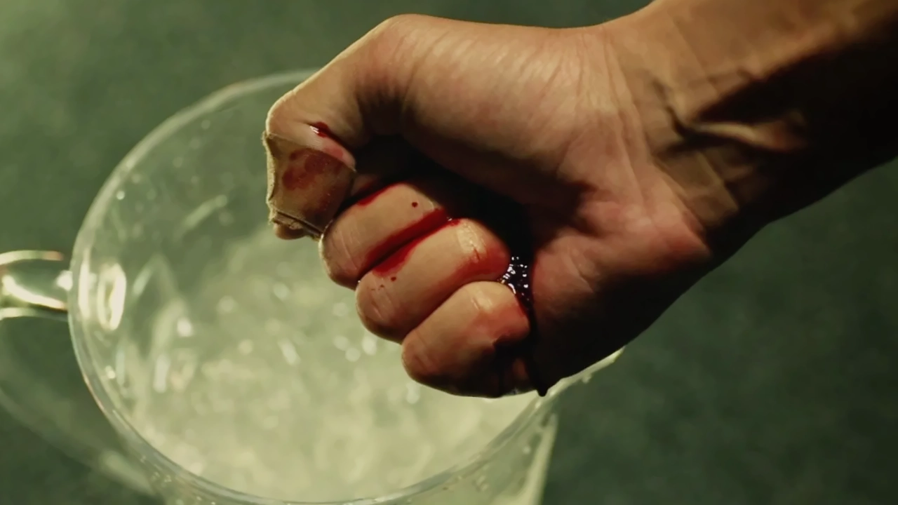Primer plano de la mano ensangrentada de Andrew Neiman sobre un recipiente con hielo en una escena de Whiplash.
