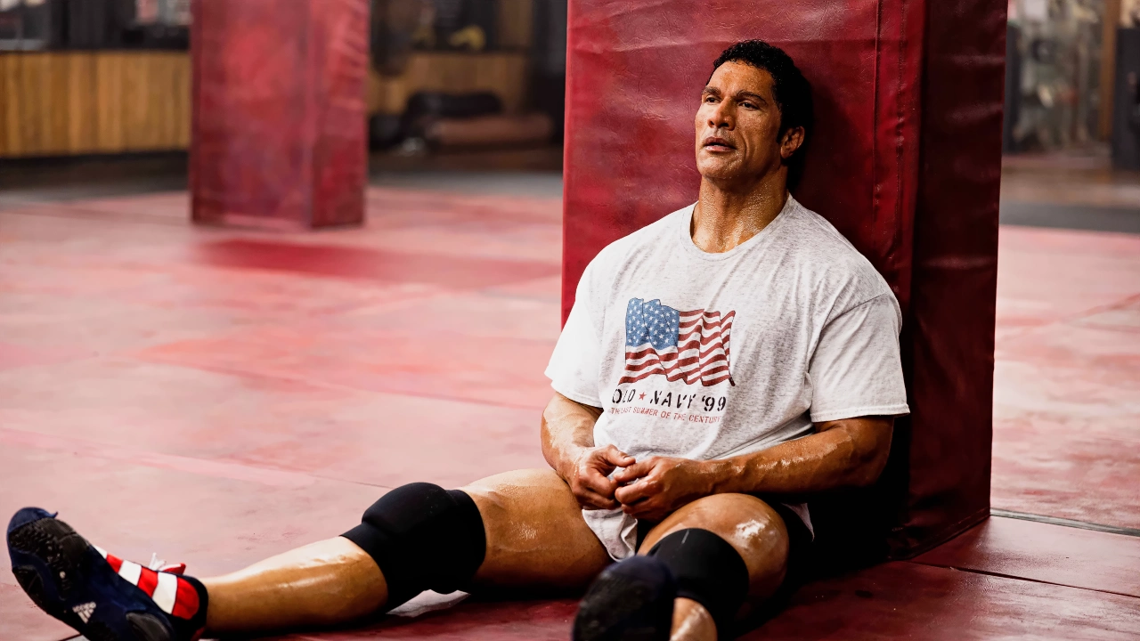 Mark Kerr interpretado por Dwayne Johnson sentado en el suelo de un gimnasio, sudando y exhausto tras un entrenamiento en The Smashing Machine.